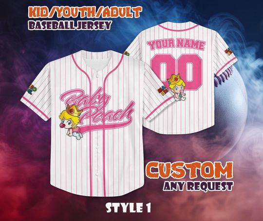 CUSTOM Baby Peach Baseball Jersey, Super Mario Baseball Shirt, Personalized Princess Peach Jersey, Peach Fan Gifts, Birthday Gifts