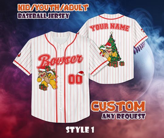 CUSTOM Bowser Christmas Baseball Jersey, Super Mario Baseball Shirt, Personalized Bowser Christmas Jersey, Bowser Fan Gifts, Birthday Gifts