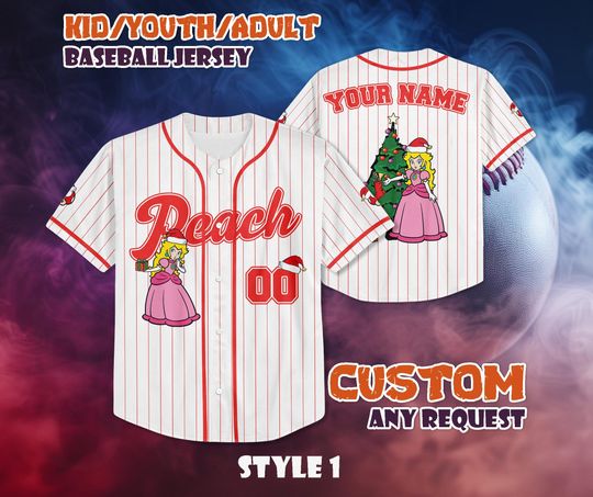CUSTOM Peach Christmas Baseball Jersey, Super Mario Baseball Shirt, Personalized Princess Peach Christmas Jersey, Peach Fan Gifts