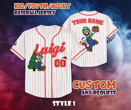 CUSTOM Luigi Christmas Baseball Jersey, Super Mario Baseball Shirt, Personalized Luigi Christmas Jersey, Luigi Fan Gifts, Birthday Gifts