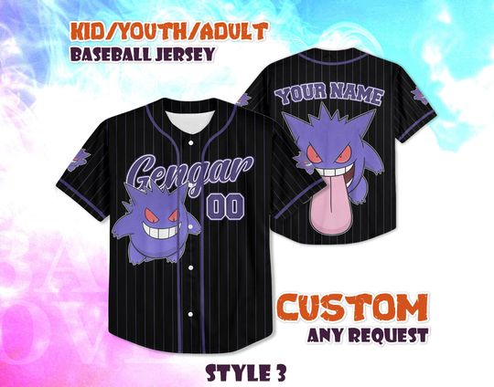 CUSTOM Gengar BaseBall Jersey, Anime Shirt, Personalized Anime Lover, Gift for Fans, Birthday Gifts, Baseball Jersey Gift for Kids and Adult
