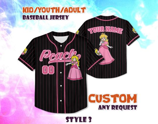 CUSTOM Princess Peach Baseball Jersey, Super Mario Baseball Shirt, Personalized Princess Peach Jersey, Peach Fan Gifts, Birthday Gifts