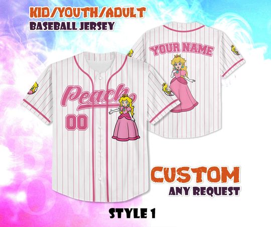 CUSTOM Princess Peach Baseball Jersey, Super Mario Baseball Shirt, Personalized Princess Peach Jersey, Peach Fan Gifts, Birthday Gifts