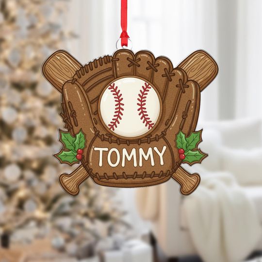 Discover Personalized Baseball Glove Ornament: Custom Name, Acrylic Sports Xmas Gift