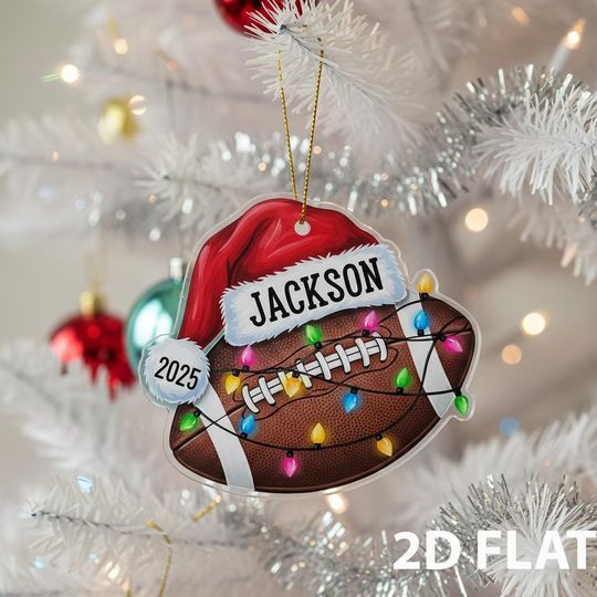 Discover Personalized Football 2D FLAT Christmas Ornament, Custom Sports Xmas Tree Decor, Santa Hat Holiday Ornament, Gift for Player, Football Lover