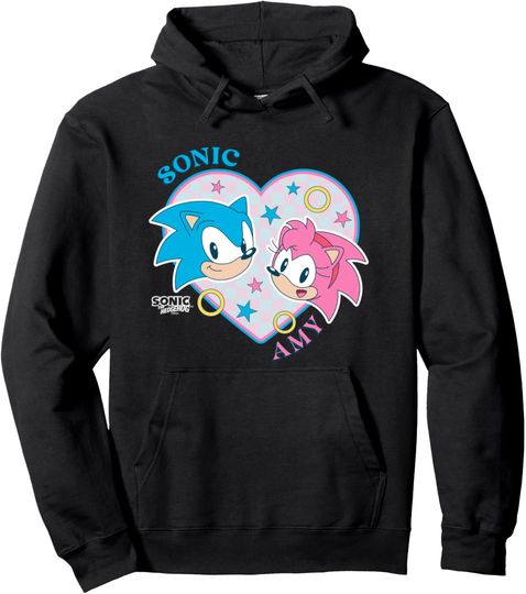 Discover Sonic The Hedgehog Sonic & Amy Heart Shaped Portrait Retro Pullover Hoodie
