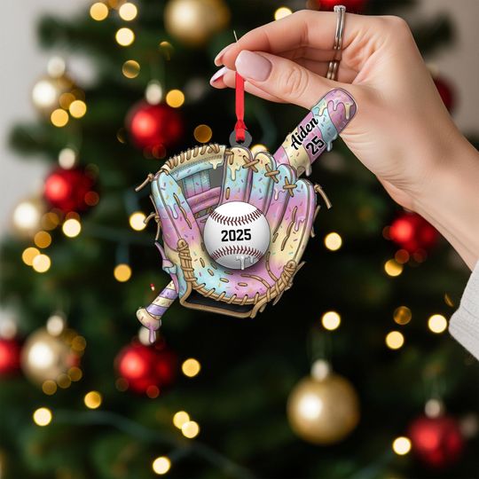 Discover Personalized Baseball Ornament: Custom Acrylic Glove & Bat Design