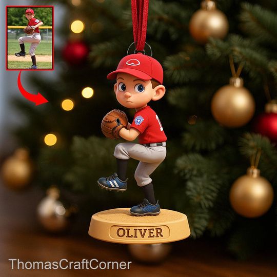 Discover Custom Photo Baseball Kid Ornament, Personalized Acrylic Christmas Ornament for Players, Cute Sports Keepsake Gift for Baseball Lovers