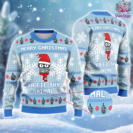 Bender Futurama Christmas Sweater, Merry Christmas Ya Filthy Animal