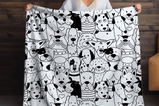 Black and White Dog Sherpa Blanket, Cartoon Puppy Throw, Cozy Pet Blanket for Dog Lovers, Kids Bed Decor