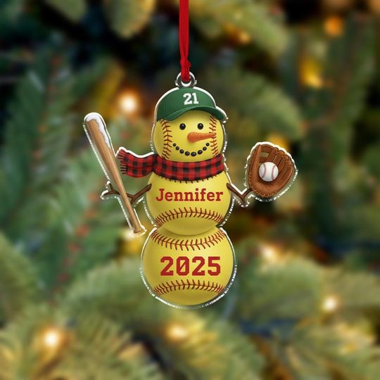 Personalized Baseball Snowman Ornament  Name & Year Acrylic Holiday Decoration