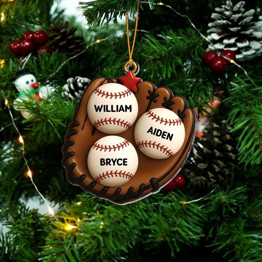 Discover Personalized Baseball Glove Ornament with Family Names, Custom 3D Effect Acrylic Christmas Tree Decoration, Gift for Baseball Mom and Dad