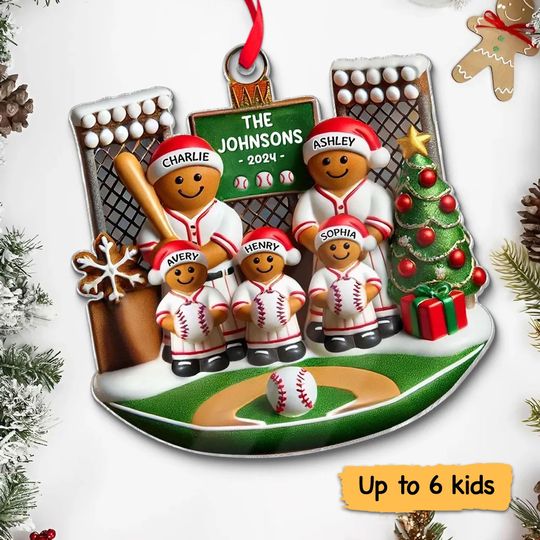Discover 2D Flat Baseball Gingerbread Family On Field, Sport Lover Personalized Acrylic Ornament, Baseball Gingerbread Family Ornament