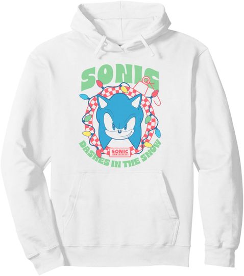 Discover Sonic The Hedgehog Christmas Dashes In The Snow Portrait Pullover Hoodie