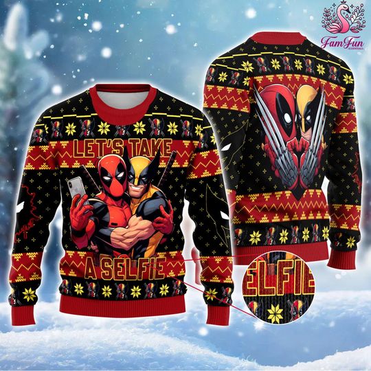 Deadpool and Wolverine Lets Take A Selfie Ugly Christmas Sweater, Deadpool and Wolverine
