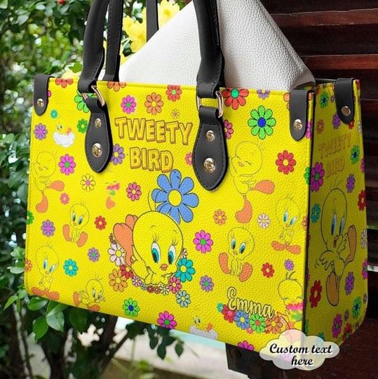 Tweety Bird Women’s Leather Handbag, Cartoon Lover’s Leather Bag, Custom Personalized Shopping Bag for Her