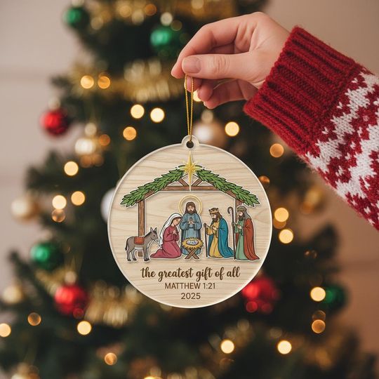 Discover Nativity Scene Christmas Ornament, Personalized Acrylic Religious Decoration, Holy Family Ornament with Year, Christian Holiday Gift