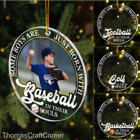 Discover Born With Sport In Their Souls Christmas Ornament, Personalized Acrylic Photo Ornament For Sports Lovers, Custom Athlete Keepsake Xmas Gift