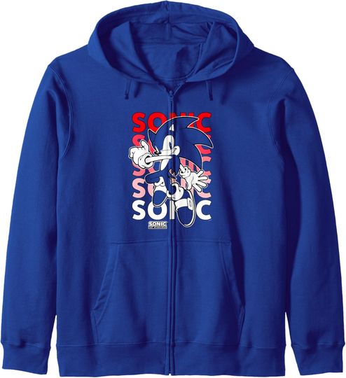 Discover Sonic The Hedgehog Stacked Repeating Name Retro Shot Zip Hoodie