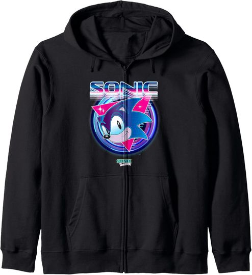 Discover Sonic The Hedgehog Sonic Face Retro Neon Logo Zip Hoodie