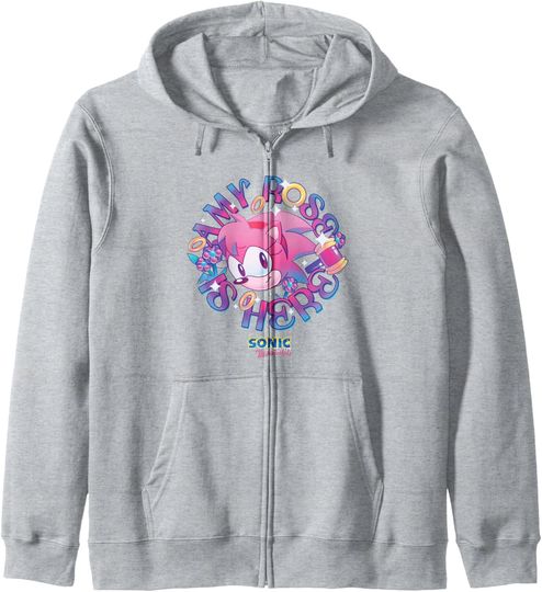 Discover Sonic The Hedgehog Amy Rose Is Here Vintage Face Portrait Zip Hoodie