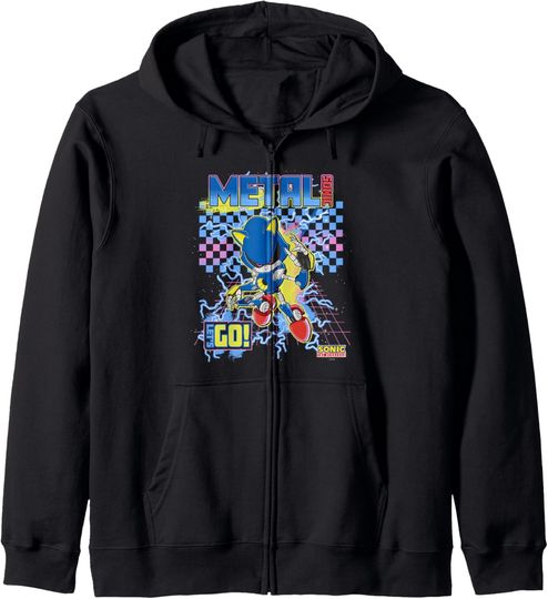 Sonic The Hedgehog Metal Racer Let's Go! Retro Chest Poster Zip Hoodie