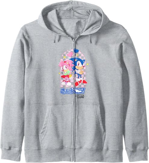 Discover Sonic The Hedgehog Amy Rose & Sonic Kawaii Kanji Portrait Zip Hoodie