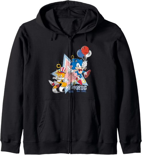 Discover Sonic The Hedgehog Americana Sonic & Tails Celebration Retro Zip Hoodie