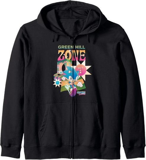 Discover Sonic The Hedgehog Green Hill Zone Act 1 Chest Retro Logo Zip Hoodie