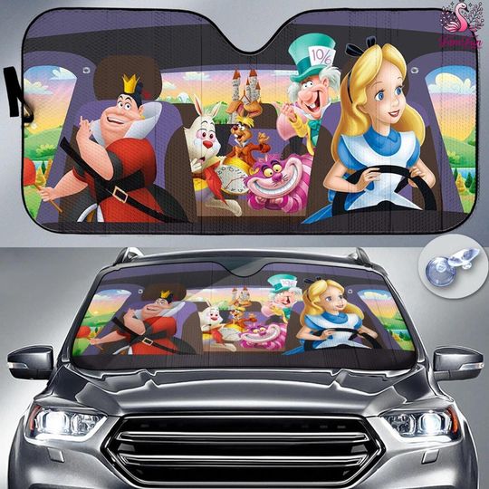 Alice In Wonderland Car Sun Shade, Mad Hatter Cheshire Cat White Rabbit Car Sun Shade