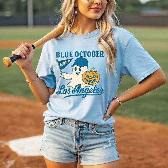 Dodgers Halloween Tee, Blue October Ghost Shirt, Los Angeles Baseball Fan Gift, Vintage Style Halloween T-Shirt, October Baseball Tee,