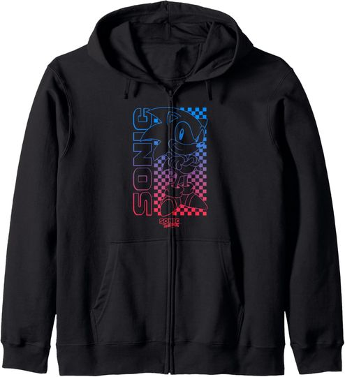 Discover Sonic The Hedgehog Iconic Sonic Checkerboard Art Line Logo Zip Hoodie