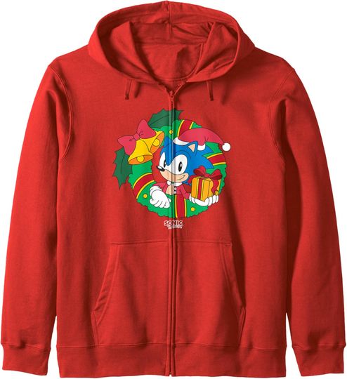 Discover Sonic The Hedgehog Sonic In Christmas Wreath Chest Logo Zip Hoodie