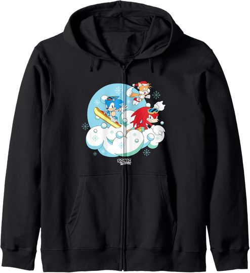 Sonic The Hedgehog Christmas Skiing Under The Snow Group Zip Hoodie