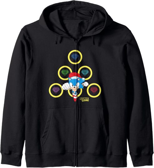 Discover Sonic The Hedgehog Christmas Emeralds & Rings Retro Logo Zip Hoodie