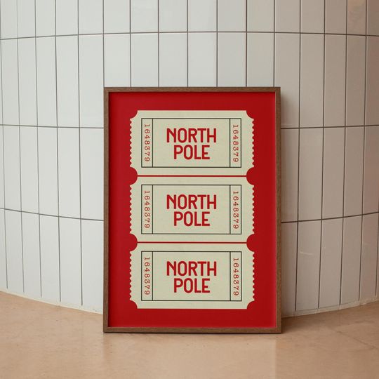 Discover North Pole Ticket Poster - Christmas Wall Art, Holiday Decor, Digital Print, Red Christmas Print