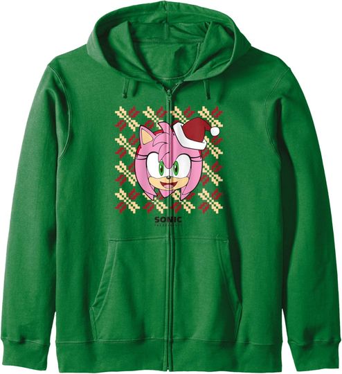 Discover Sonic The Hedgehog Christmas Amy Santa's Hat Chest Logo Zip Hoodie