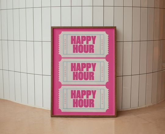 Discover Happy Hour Pink Ticket Poster, Retro Ticket Wall Art, Aesthetic Printable Digital Print, Bar Cart Decor, Trendy Vertical Poster