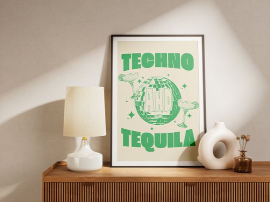 Discover Techno and Tequila Vertical Poster, Trendy Wall Art, Retro Cocktail Print, Bar Cart Decor, Funky Tequila Art