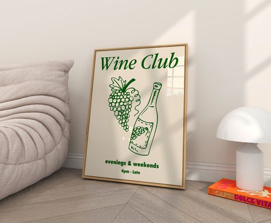 Discover Wine Club Kitchen Wall Art - Vintage Alcohol Poster, Retro Bar Cart Decor, Mid Century Modern Print