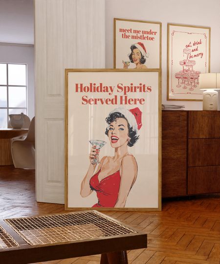 Discover Vintage Santa Holiday Bar Cart Poster, Retro Christmas Wall Art, Pin Up Cocktail Print, Holiday Spirits Decor