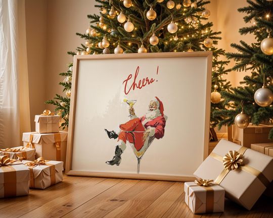 Discover Retro Christmas Santa Cheers Poster, Holiday Wall Art, Mid Century Cocktail Santa, Festive Bar Decor