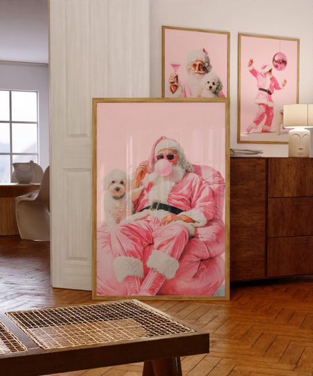 Discover Pink Santa Claus Wall Art, Funny Christmas Printable with Dog, Retro Holiday Decor, Bubblegum Santa Poster