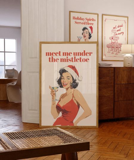 Discover Meet Me Under the Mistletoe Retro Christmas Wall Art Print, Pin Up Holiday Cocktail Poster, Vintage Santa Bar Cart Digital