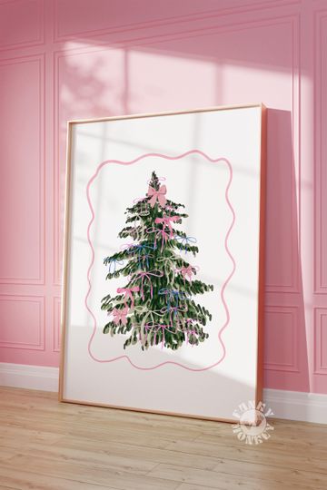 Discover Coquette Christmas Tree Wall Art Print, Pink Bows Christmas Printable, Trendy Girly Holiday Poster