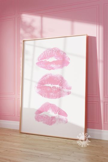Discover Kiss Lips Wall Art Print, Pink Kisses Digital Poster, Girly Coquette Decor, Vertical Matte Poster