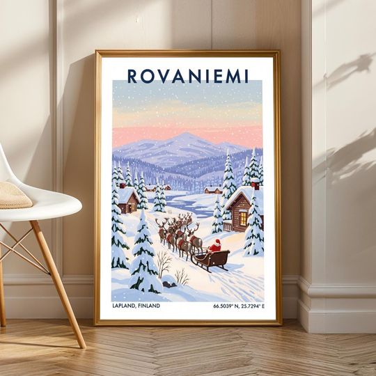 Discover Rovaniemi Winter Wonderland Art Print, Nordic Landscape, Pink & Blue, Vertical Poster
