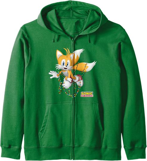 Sonic The Hedgehog Christmas Tails Tangled In Lights Zip Hoodie