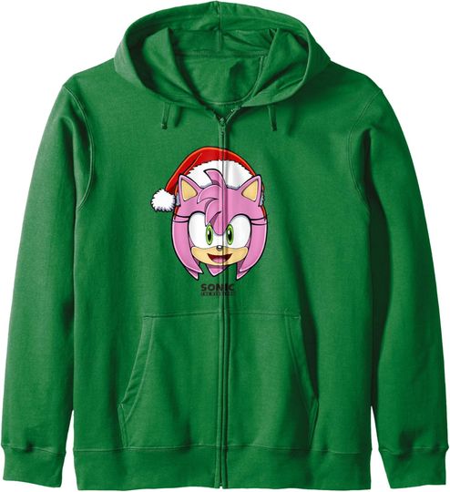 Discover Sonic The Hedgehog Christmas Amy Rose Big Face Santa Hat Zip Hoodie