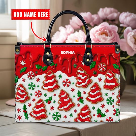 Discover Personalized Merry Christmas Leather Handbag - Custom Name Xmas Bag - Tree Christmas - Gift For Her - Christmas Accessories Gift